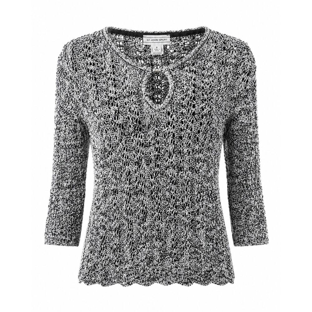St. John Sport Open Knit Sweater Petite Black White Marled Crochet Keyhole Top P